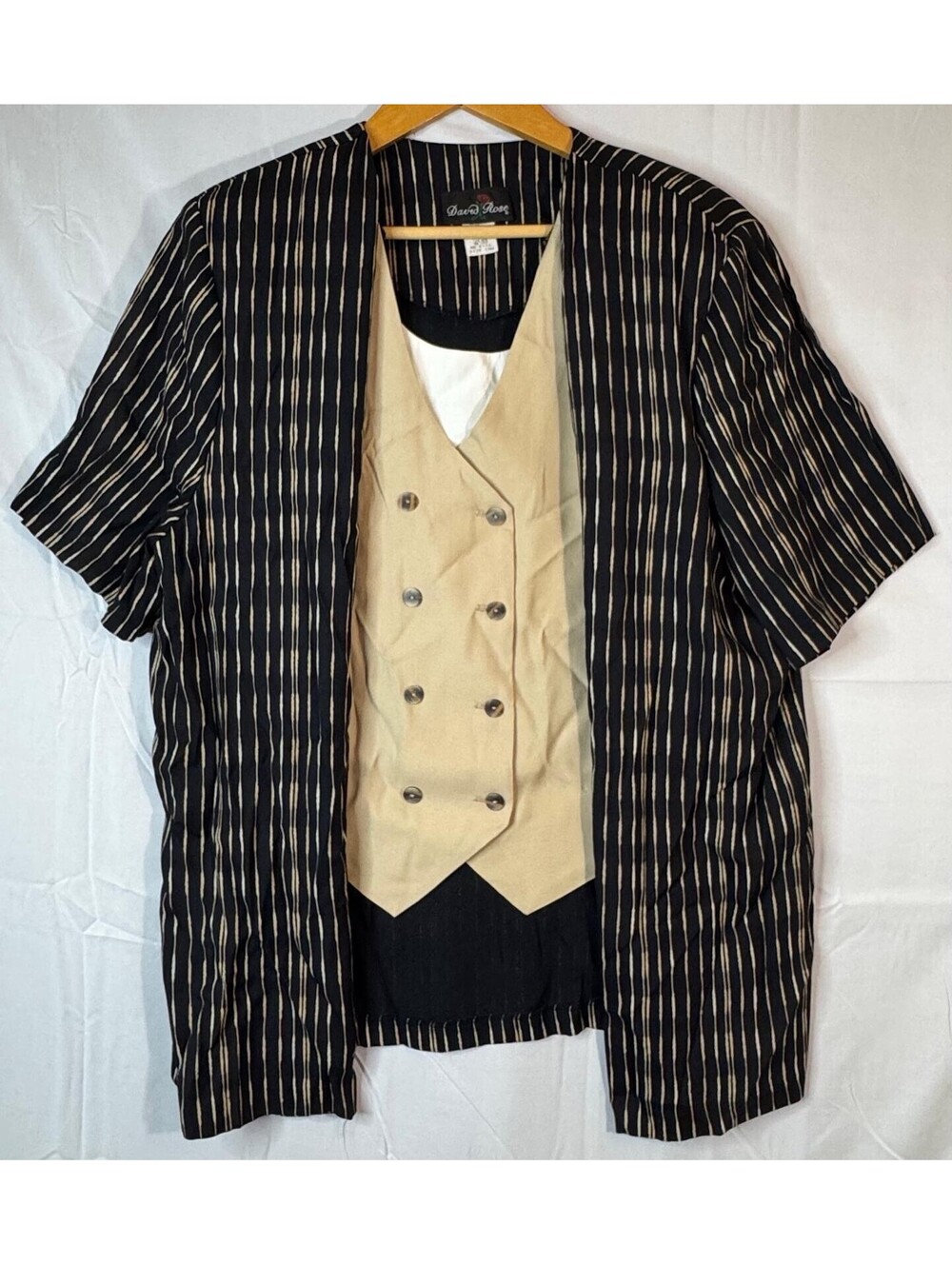 David Rose Blazer Vest Set 18W Black Beige Stripe 80s Made USA Acetate